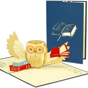 LIN17529, LINPopUp®, POP UP Karte, 3D Karte, Klappkarte, Eule, Uhu, Buch, Einschulung, Geschenk, Glückwunsch, Gutschein Buch, N283