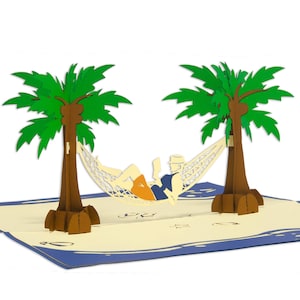 LIN17581, LINPopUp®, cartes POP-Up Maritim, anniversaire, vacances, bon de voyage, cartes pliables, cadeau d'argent, hamac, N341
