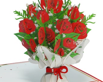 LIN17765, LINPopUp®, Cartes pop-up fleurs, Cartes de fleurs, Bouquet pop-up, Carte pliante 3D, Carte de fête des Mères, Roses, N506