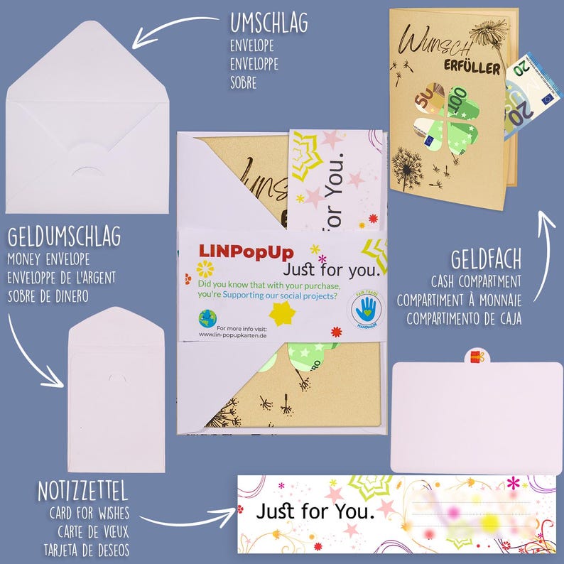 May include: A set of brown paper envelopes with a whimsical design featuring a dandelion and the text "Just for you." The envelopes have separate compartments for money, a card, and cash. The envelopes are labeled in German, English, French, Spanish, and Italian.