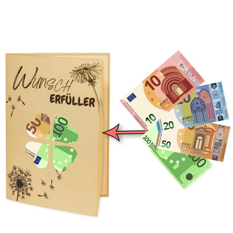 May include: A brown card with the text "Wunsch Erf&uuml;ller" and a four-leaf clover with euro bills peeking through the holes. The card is next to a stack of euro bills.