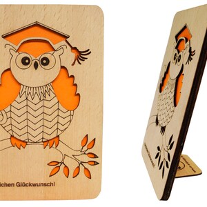 LIN17358, LINPopUp®, carte en bois, carte de voeux en bois, avec support, félicitations, hibou