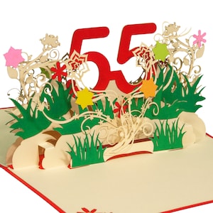 LINPOPUP®, LIN17845, Tarjeta Pop Up cumpleaños, regalos de cumpleaños para mujer, invitación de cumpleaños, tarjeta 3D, aniversario, 55, flor pop up, N325