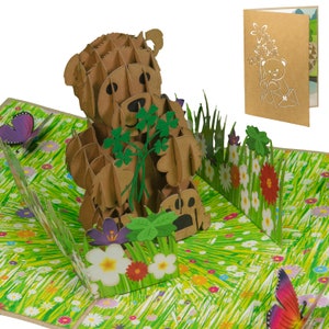 LINPopUp, pop up card bear, 3D card for school enrollment, greeting card for birthday, pop up card flowers, bear on flower meadow, N10