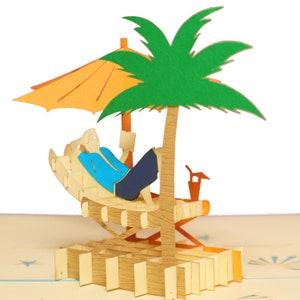 LIN17378, LINPopUp®, carte pop-up vacances, carte pop-up anniversaire, carte pop-up bon de voyage, cadeau en argent, retraite, hamac, N251