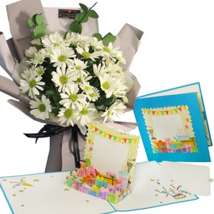 LIN17759、LINPopUp®、FlowerBag Delux、手作りブーケ、LIN POP Up カード付き、誕生日や母の日のギフト、デイジー