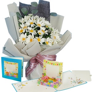 LIN17759, LINPopUp®, FlowerBag Delux, Handmade Bouquet - incl. LIN POP Up Card, Gift for Birthday, Mother's Day, Daisies