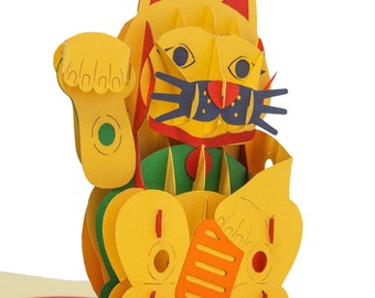 LINPOPUP®, LIN17792, Pop Up Card Cat, 3D Birthday Card Cats, Gift Certificate, Lucky Charm, Japan, China, Lucky Cat, Wave Cat, N308
