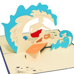 LIN17198, LINPopUp®, Tarjetas POP-Up Marítimas, Tarjeta Pop Up Cumpleaños, Vacaciones, Vale de Viaje, Tarjetas Plegadas, Regalo de Dinero, Surfista, N111