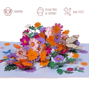 Peut inclure: Une carte pop-up 3D repr&eacute;sentant un bouquet de fleurs color&eacute;es avec un papillon. La carte est faite &agrave; la main et con&ccedil;ue en Allemagne. La carte a un effet wow.