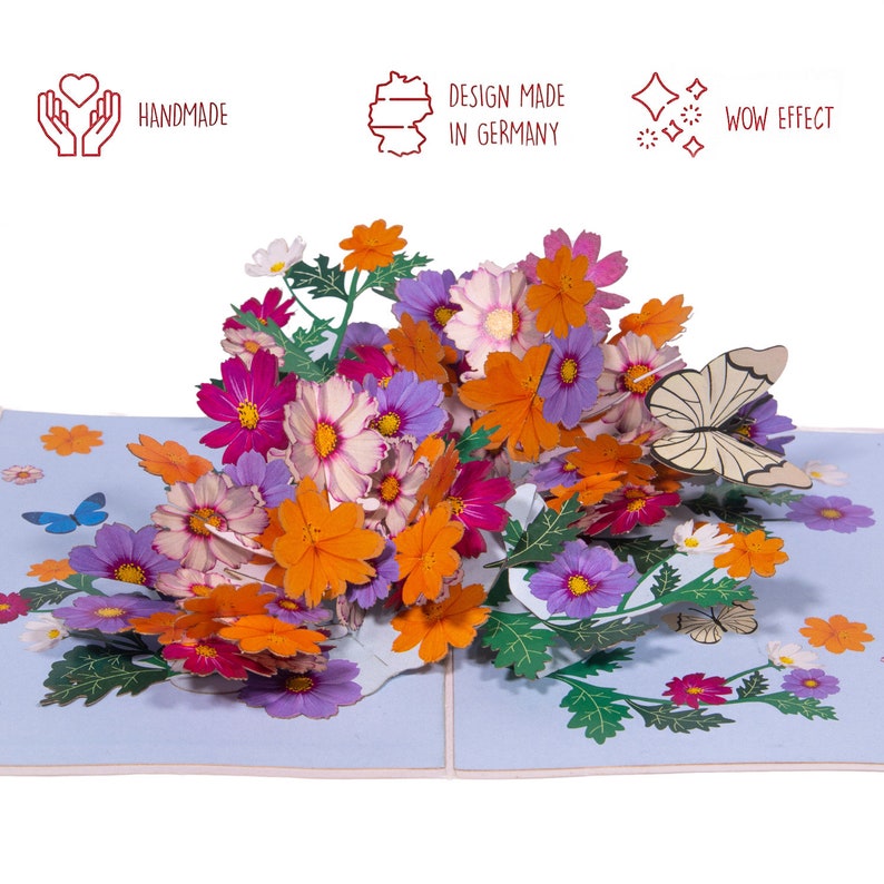Peut inclure: Une carte pop-up 3D repr&eacute;sentant un bouquet de fleurs color&eacute;es avec un papillon. La carte est faite &agrave; la main et con&ccedil;ue en Allemagne. La carte a un effet wow.