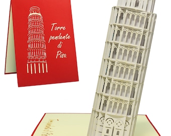 Puede incluir: Una tarjeta pop-up 3D roja y blanca con la Torre Inclinada de Pisa. La tarjeta está abierta y la torre está de pie. La parte delantera de la tarjeta tiene un fondo rojo con un contorno blanco de la torre y el texto "Torre pendente di Pisa".
