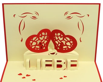 LIN17301, LINPopUp®, 3D Pop Up carte amour, Pop up carte mariage, carte de voeux Saint-Valentin carte avec enveloppe, Deux coeurs amour, N55