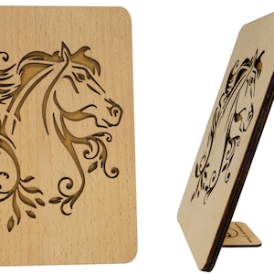 LIN17366, LINPopUp®, cartes en bois, cartes d'anniversaire filles, cartes de voeux, carte de voeux avec cheval, bon équitation, cheval, N608