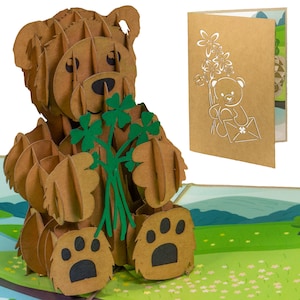 LINPopUp, carte pop-up ours, carte 3D pour l'école, carte de voeux pour un anniversaire, bonne chance, carte pop-up nature, ours au bord de la rivière, N78