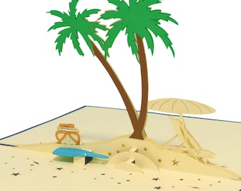May include: A 3D pop-up card depicting a tropical beach scene with two palm trees, a beach umbrella, a lounge chair, and a pair of snorkeling goggles and a snorkel.