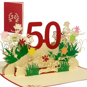 LINPOPUP®, LIN17786, Pop Up Karte Geburtstag, Geburtstagsgutschein, Geburtstagsgeschenke, Geburtstagseinladung, Karte 3D, 50, Blumen Pop Up, N61