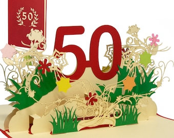 LINPOPUP®, LIN17786, Pop Up Card Birthday, Birthday Voucher, Birthday Gifts, Birthday Invitation, Card 3D, 50, Flowers Pop Up, N61