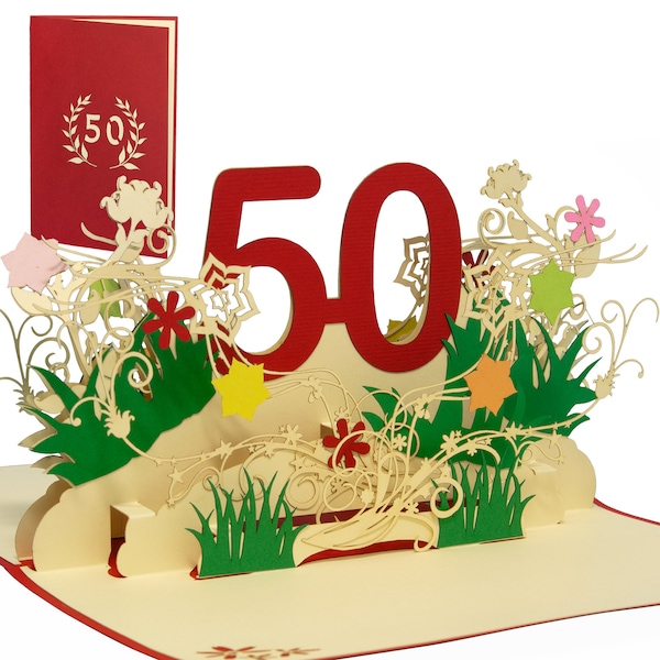 LINPOPUP®, LIN17786, Pop Up Card Birthday, Birthday Voucher, Birthday Gifts, Birthday Invitation, Card 3D, 50, Flowers Pop Up, N61