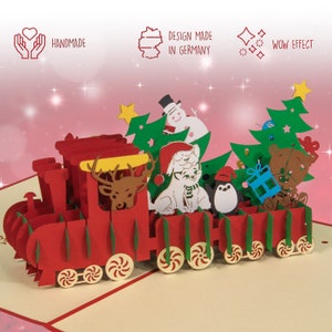 LIN17520, LINPopUp, tarjeta emergente Navidad, Tren navideño - locomotora - tarjeta, 3d, Tarjeta regalo de Navidad, Locomotora navideña, tren, N427