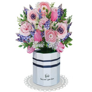 LIN17903, LINPopUp®, bouquet pop-up, fiori pop-up, con vaso e piattino, per compleanno, festa della mamma, ranuncolo, N801