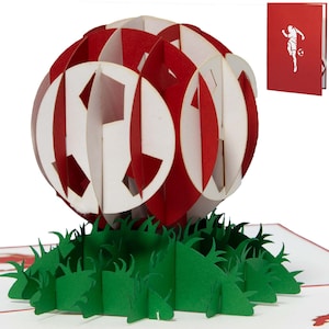 LIN17549, LINPopUp®, Pop Up Karte Fußball, Geburtstag, Pop Up Geburtstagskarte, Stadion Gutschein, Rot Weiß, 3D Fußball, Rot Weiß, N305