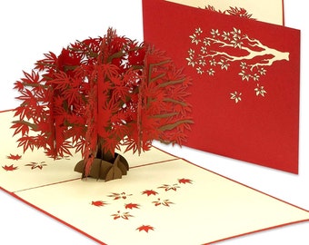 LIN17629, LINPopUp®, POP UP Card - Maple Tree - Red Autumn Tree - 3D Birthday Card - Greeting Card with Tree - Folding Card - Red, N362