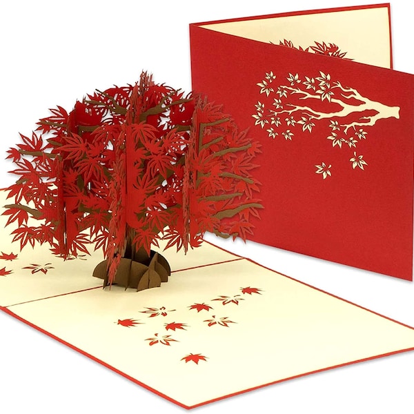 LIN17629, LINPopUp®, POP UP Card - Maple Tree - Red Autumn Tree - 3D Birthday Card - Greeting Card with Tree - Folding Card - Red, N362