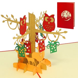 LIN17544, LINPopUp®, Pop Up Card Animals, Voucher Hiking Hike, 3D Greeting Card, Birthday Card Mountain Fox Owl in the Forest, N298