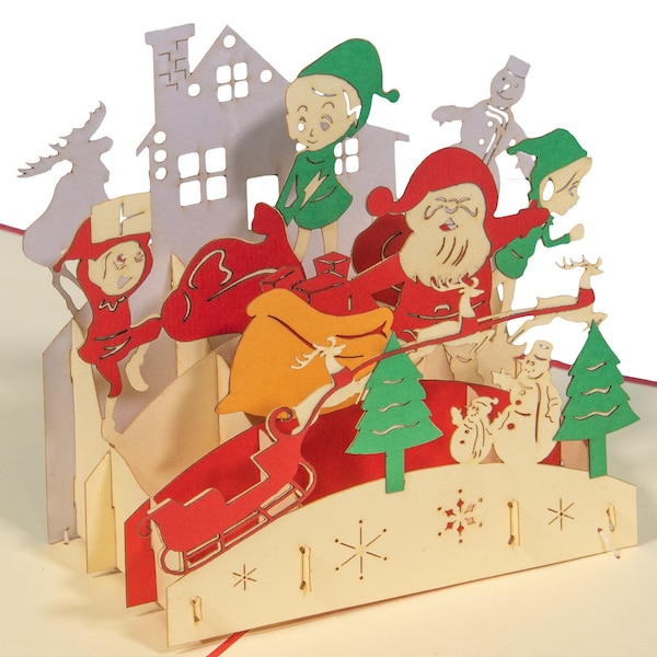 LINPopUp®, Pop Up 3D Karte Weihnachtskarte  Weihnachtsmann, Elfe Wichtel Geschenke Nordpol, LIN17492, N441