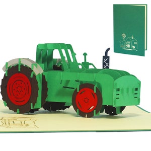 LIN17571, LINPopUp®, trekker de trator de cartão pop-up, cartões de aniversário, cartão de aniversário, fazenda, trator de cartão 3D, aniversário infantil, N320