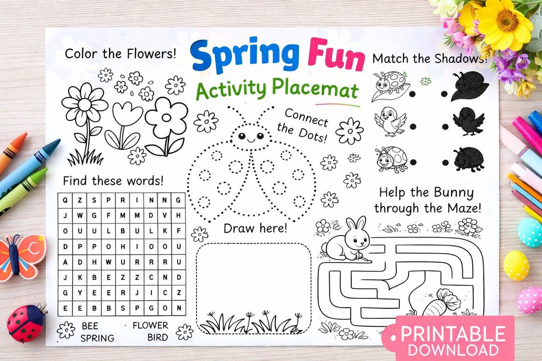 Spring Fun Printable Placemat for Kids, Educational Coloring & Games ...