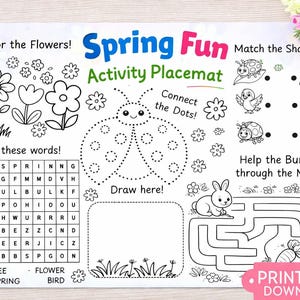 Könnte beinhalten: Eine weiße Aktivitäts-Tischunterlage mit den Worten "Spring Fun Activity Placemat" in Blau, Grün und Rosa. Enthält Mal-, Verbinde-die-Punkte-, Wortsuch- und Labyrinth-Aktivitäten. Mit Blumen, einem Marienkäfer, einem Hasen und anderen Frühlingsillustrationen.