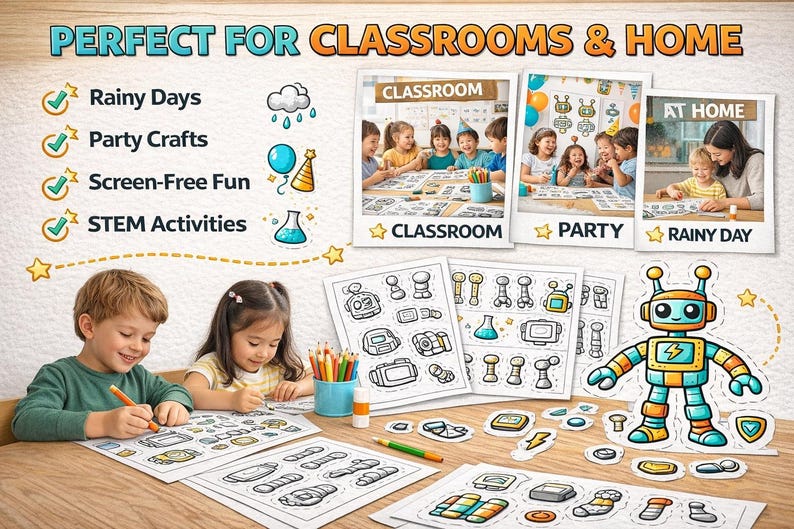 Build a Robot Coloring & Cut and Paste Bundle | Robot Craft Printable ...