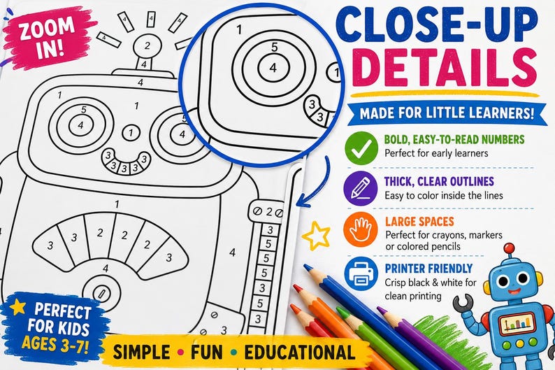 Robot Color by Number Worksheets for Kids | STEM Robot Coloring Pages ...