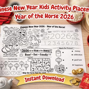 Puede incluir: Un mantel individual de actividades para niños del Año Nuevo Chino en blanco y negro con el texto "Chinese New Year Kids Activity Placemat Year of the Horse 2026". El mantel individual incluye un laberinto, áreas para colorear y actividades de emparejamiento.
