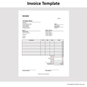 May include: A white invoice template with the title "Invoice Template" at the top. The document includes fields for company and client information, project details, and a table for itemized descriptions, quantities, and totals. The balance due is 0 USD.