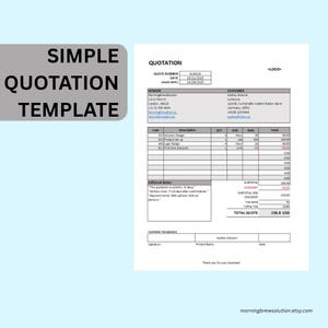 Op de afbeelding: Een eenvoudige offerte sjabloon met de tekst "SIMPLE QUOTATION TEMPLATE" in een grijs vak. De sjabloon bevat velden voor offertenummer, datum, verkoper, klant en gespecificeerde diensten met tarieven en totalen. De totale offerte is $256,8 USD.
