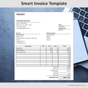 Puede incluir: Una plantilla de factura digital titulada "Smart Invoice Template" con fondo blanco. La factura incluye secciones para los datos de la empresa, los detalles del proyecto y un desglose de los servicios con cantidades, tarifas y totales. El saldo adeudado es de 545,00 €.