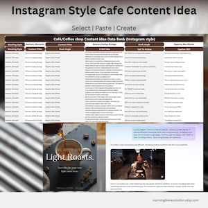 May include: A digital content planner for Instagram featuring a brown and white table titled Cafe/Coffee shop Content idea Data Bank. It includes columns for wording style, content pillars, strategies, hooks, and SEO captions for coffee shops.