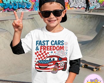Fast Cars And Freedom PNG, Disney Cars Patriotic Shirt, Disney Cars 4th Of July Tee, Independence Day Shirt, Lightning McQueen USA Flag Tee