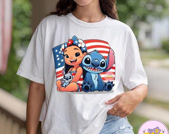 Cute Lilo & Stitch Disney 4th of July PNG, USA 250th Anniversary Independence Day Tee, America Patriotic WDW Disneyland Trip Shirt