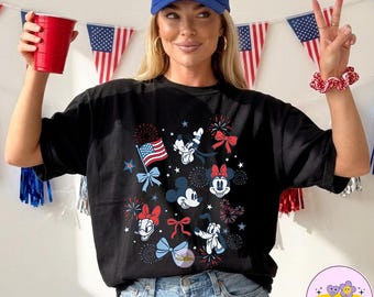 Coquette Bow Mickey and Friends PNG, Patriotic Disney 4th of July Shirt, WDW Disneyland Family America Shirt, Red White and Blue USA Tee