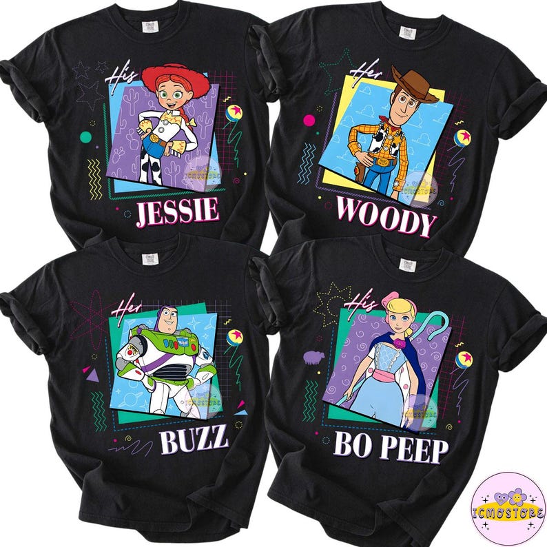 May include: Four black t-shirts featuring characters from the Toy Story movie. Each shirt has a different character: Jessie, Woody, Buzz, and Bo Peep. Each character is in a colorful square with the character's name below.