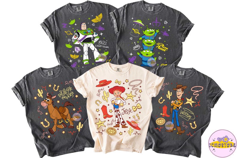 May include: Five graphic t-shirts featuring characters from the Toy Story franchise. Designs include Buzz Lightyear, the Pizza Planet aliens, Jessie, Bullseye, and Woody. The shirts are in various colors, including black and cream.