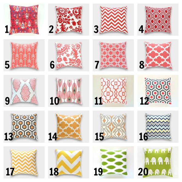 ONE Throw Pillow Cover. You Choose. CLEARANCE 16 X 16 Inch. Accent Pillows. Red, Pink, Yellow, Orange, Green.