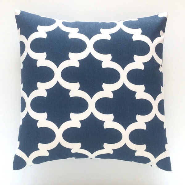 Premier Navy Blue Quatrefoil Throw Pillow Cover. Pick a Size. Decorative Moroccan Couch Pillow Cover.