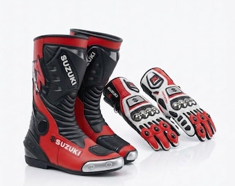 Suzuki GSX-R racelaarzen en -handschoenen, leren motorkleding, CE-goedgekeurde motorrijderset, beschermende motorkleding cadeau voor hem