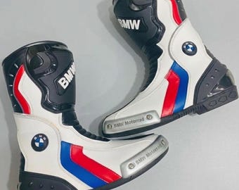 BMW Motorrad Racing Motorcycle Boots – White Leather Biker Riding Boots, Protective Sport Bike Boots, Rider Gear Gift