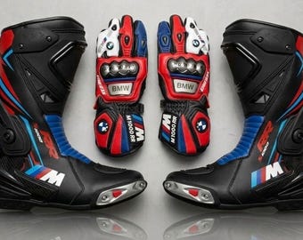 BMW Motorrad Racing Boots and Gloves Set, Motorcycle Riding Shoes, Biker Protective Gear, Leather Moto Boots, Gift for Rider